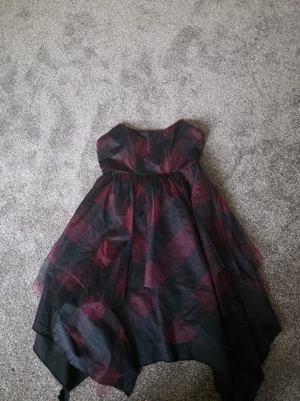 Disturbia Strapless Black and Burgundy Plaid Tulle Dress